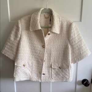 CHICOS Cropped Cream Textured Tweed Jacket with Gold Buttons